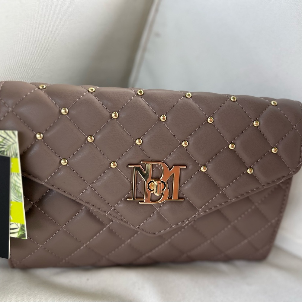 Badgley Mischka Quilted Brown Clutch with Gold Accents